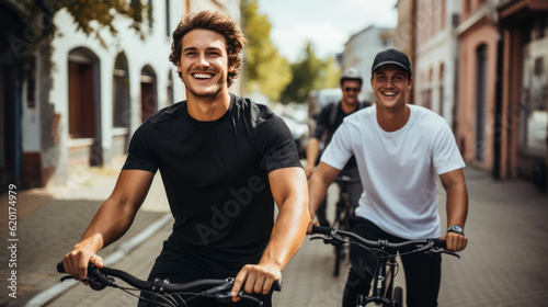 Group of happy  smiling friends in their 20s  embarking on a delightful adventure as they explore the charming streets of an old European city on bicycles. 