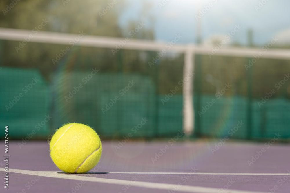 tennis background Close-up shots of tennis balls in tennis courts With a mesh as a blurred background And the light shining on the ground makes the image beautiful