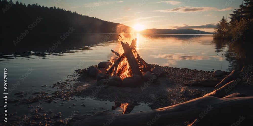 Naklejka premium AI Generated. AI Generative. Outdoor nature wild landscape bonfire campfire camp flame relax chill lake beach side. Adventure trip relax vibe. Graphic Art