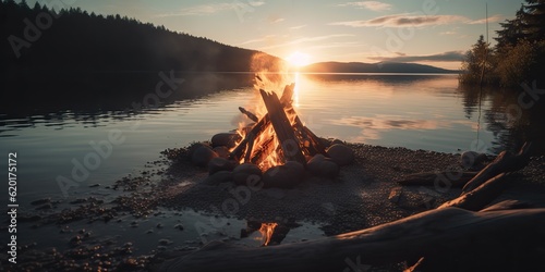 AI Generated. AI Generative. Outdoor nature wild landscape bonfire campfire camp flame relax chill lake beach side. Adventure trip relax vibe. Graphic Art