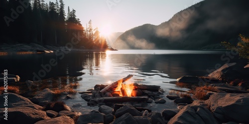 AI Generated. AI Generative. Outdoor nature wild landscape bonfire campfire camp flame relax chill lake beach side. Adventure trip relax vibe. Graphic Art