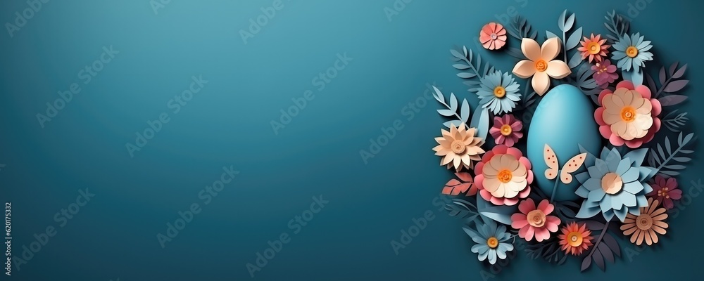 Floral easter with egg in flowers background with copy space for text
