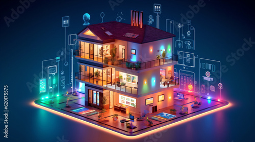 3d isometric illustration of a house on a background of neon lights