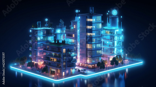 3d render of a city at night with neon lights on the buildings