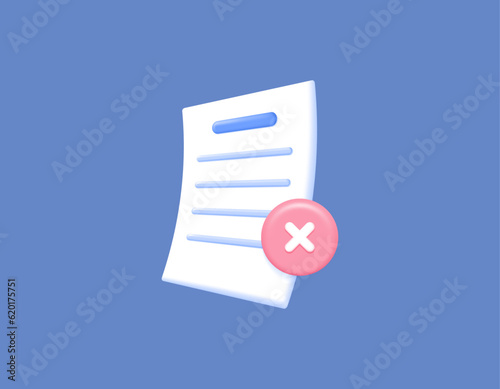 file or document is incorrect and invalid. unverified, did not passed, false, denied. assignments and exams. a piece of paper and a cross. symbols or icons. 3D concept design and realistic. vector