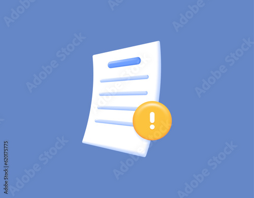 Important files or documents. problematic, warning, error, danger, caution. assignments and exams. a piece of paper and an exclamation mark. symbols or icons. 3D concept design and realistic. vector