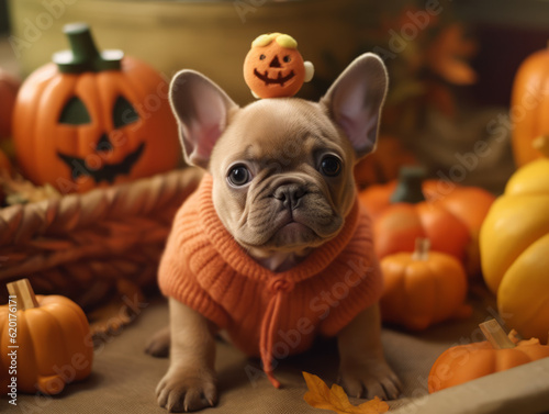 Adorable French bulldog puppy surrounded by halloween themed pumpkins and wearing an orange sweater © Richard