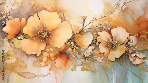Elegant floral watercolor with alcohol ink with theme.  © Aura