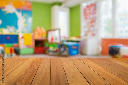 Playful Learning- An Empty Table in the Forefront of a Blurred Preschool Setting Fototapet