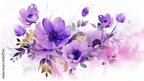 Fototapeta Naklejka Na Ścianę i Meble -   flower background concept  with purple watercolor flowers and leaves.