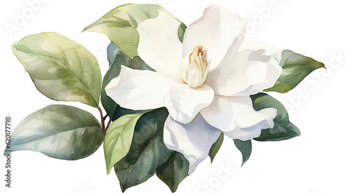 White background with watercolor gardenia flower. 