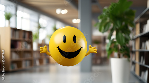 Positivity in the workplace demonstrated by a 3D smiley in the office interior, promoting a positive work environment and inspiring corporate culture.
 photo