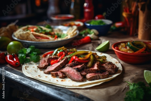 close up shot of fajitas with tortilla on the table. mexican food. Generative AI