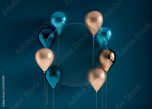 Set of 3d render flying balloons on stick. Dark blue and gold background with round transparent glass frame. Empty space for product show, birthday text, holiday congratulation social media banners. 