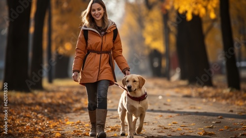 woman walking with her dog in autumn  park 