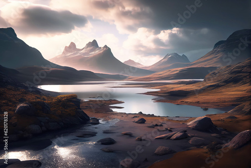 Chile landscape with mountains and lake. Generative AI Art. Beautiful view.