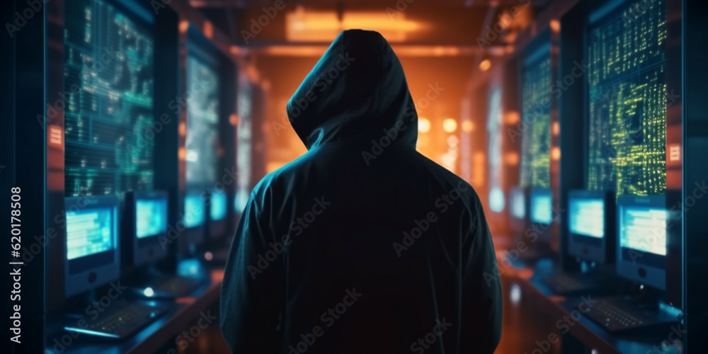 Hacker in the black hood in the server room. Unrecognizable people Hacker in the black hood in the server room. Unrecognizable people