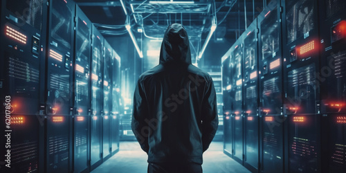 Hacker in the black hood in the server room. Unrecognizable people
