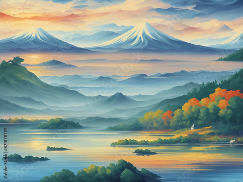 Highland lake landscape. AI generated illustration