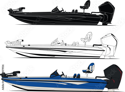 Side view fishing boat vector line art illustration t-shirt and printable on various materials.