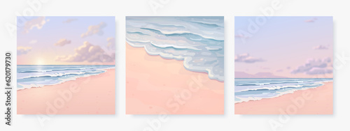 Set of beautiful banner, poster or greeting card design template with sandy summer beach and sea waves. Set of nature landscape background. Vector illustration