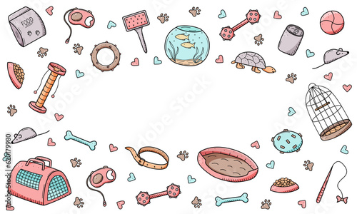 Pet store doodle, a set of icons of goods for the animal store. Vector illustration items accessories for pet dogs cats and animals.