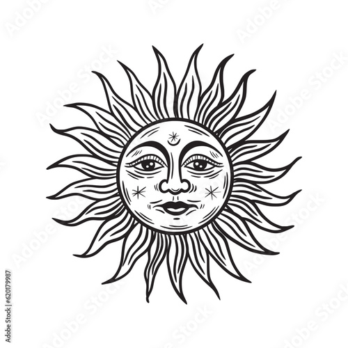 Sun with a face. Bohemian illustration. Mystical element for design in boho style, logo, tattoo