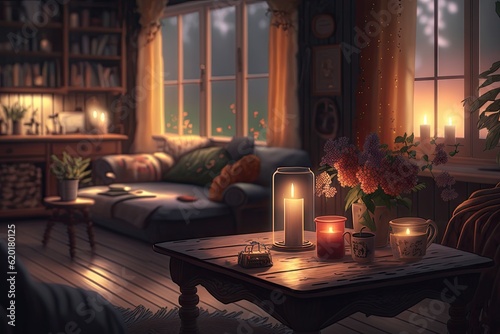 Romantic room interior with candles and flowers