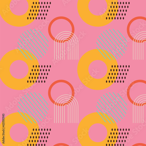 Seamless pattern with geometric shapes. Abstract background for printing on fabric, textiles, wallpaper, banners, covers, web page design. Circles, lines, dots. Vector illustration minimalistic style