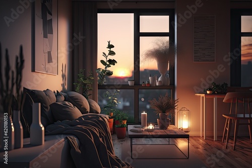 Interior of living room with a view of the city