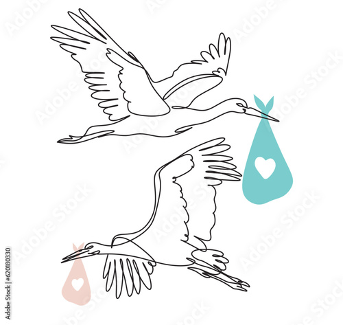 Stork delivering baby. Continuous line art drawing. Stork landing with cradle in beak black linear sketch isolated on white background. Vector illustration