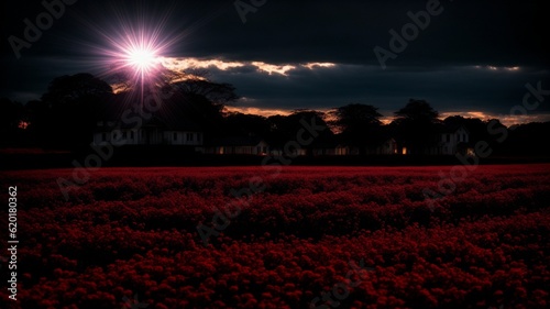 The Sun Shines Brightly Over A Field Of Red Flowers © Pixel Matrix