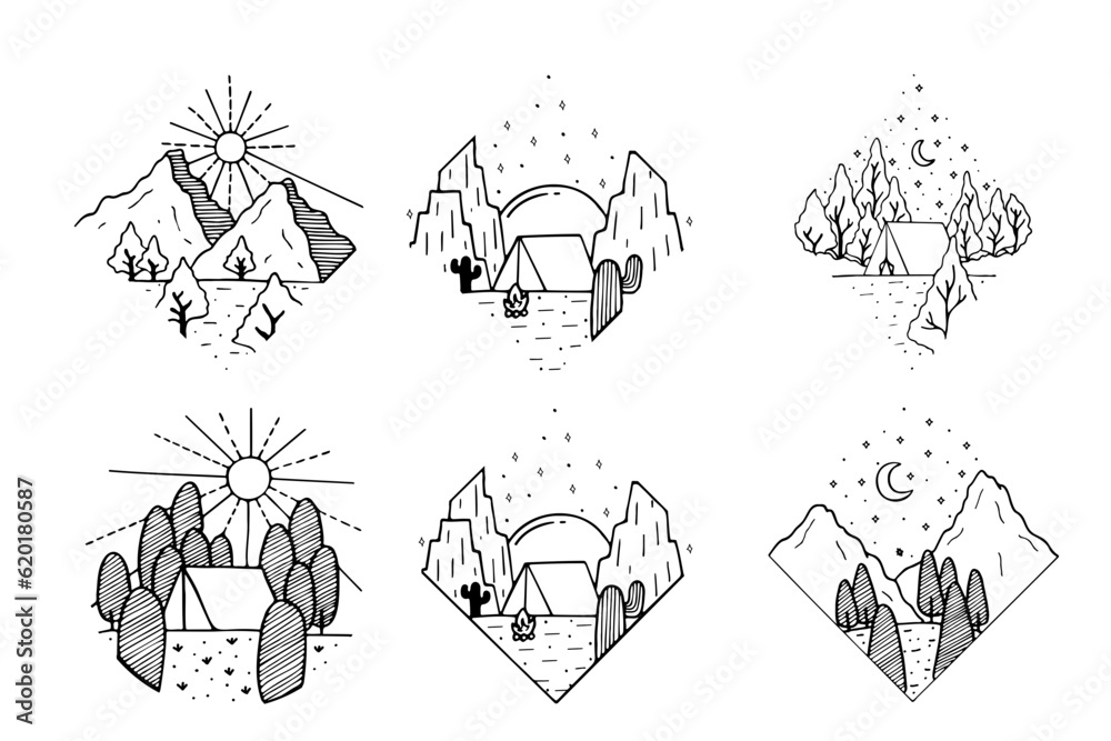 Fototapeta premium collection of vector mountains camping illustration
