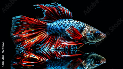 A mesmerizing sight unfolds as a Betta fish poses in a mirrored reflection, displaying its vivid colors and intricate patterns mirrored on the water's surface.