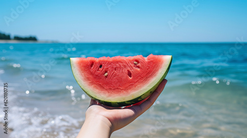 A girl is holding a piece of watermelon in her hand, generative AI