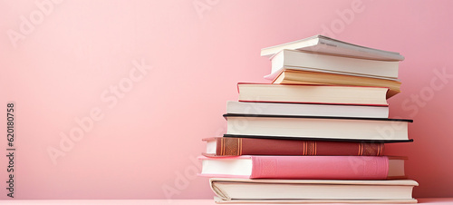 A stack of books on a pink background, knowledge day, generative AI