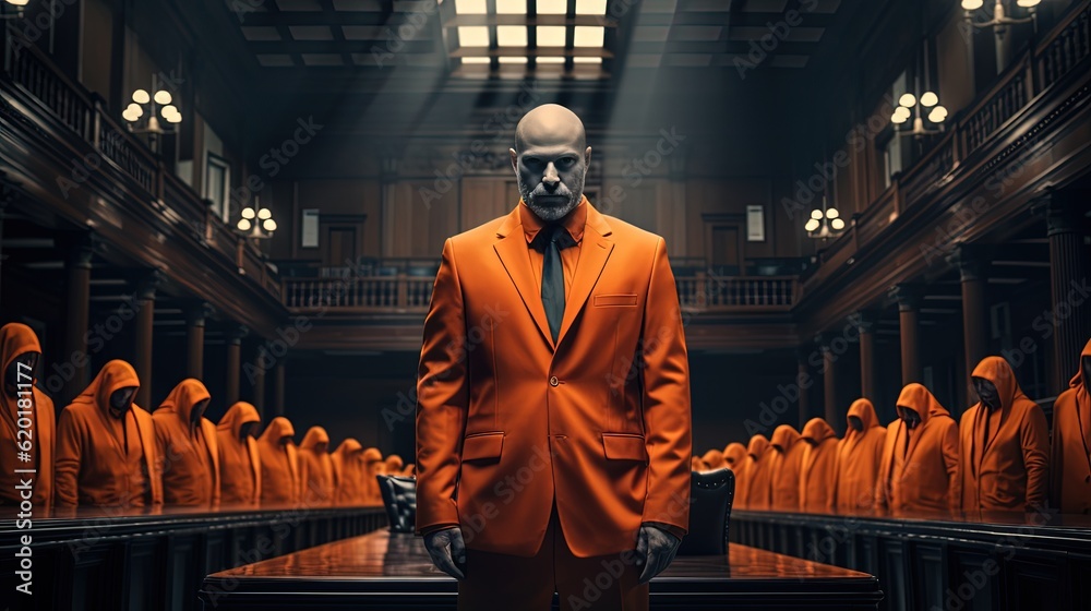 business man in orange suit symbolized prisoner or guilty in big room, Generative Ai