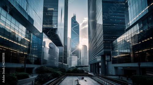 Frame a shot that showcases the architectural marvels of Hong Kong, with the futuristic designs and glass facades of buildings