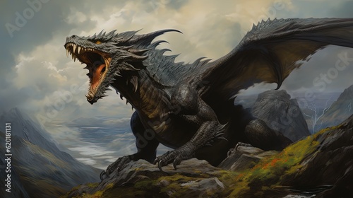fierceblack dragon on mountain ridge, Generative ai