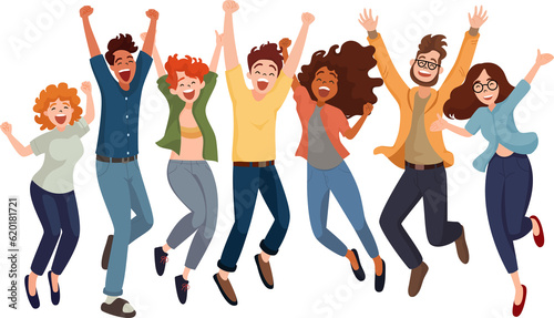 Group of Joyful Diversity Young People in Cheerful Action, Flat Style Cartoon Illustration. Friendship Concept.