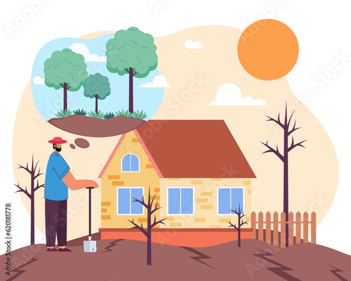Sad farmer thinking of healthy soil vector illustration. Drawing of upset farm worker, dry ground due to climate change and global warming. Farming, agriculture, drought, nature, ecology concept