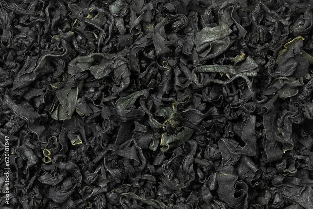 Cuts of dried wakame seaweed close up full frame as background Cuts of dried wakame seaweed close up full frame as background