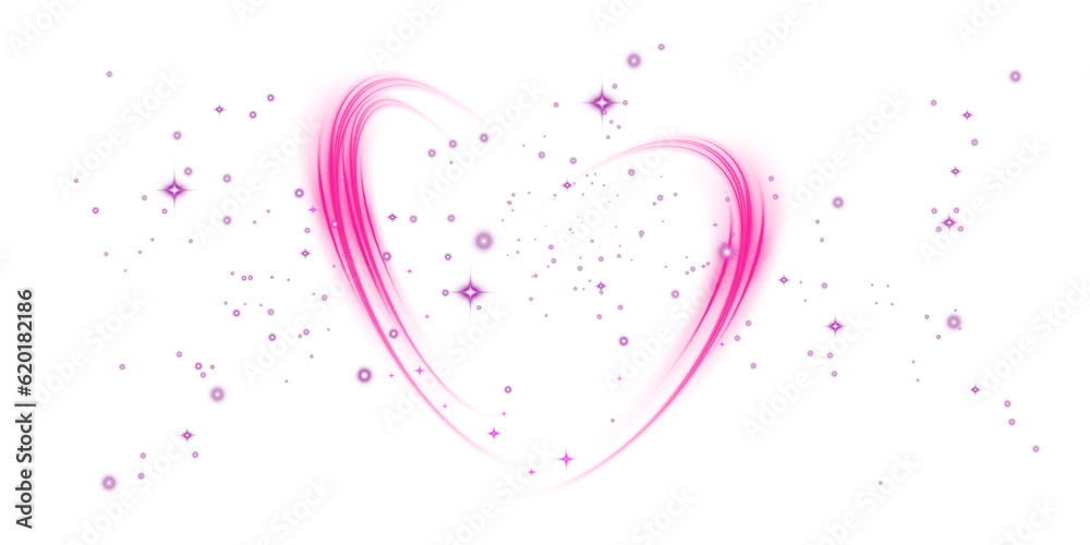 Abstract pink light lines of movement and speed in the shape of heart. Glow light effect. PNG.