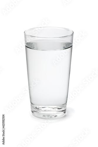Single glass with clean drinking water isolated on white background close up