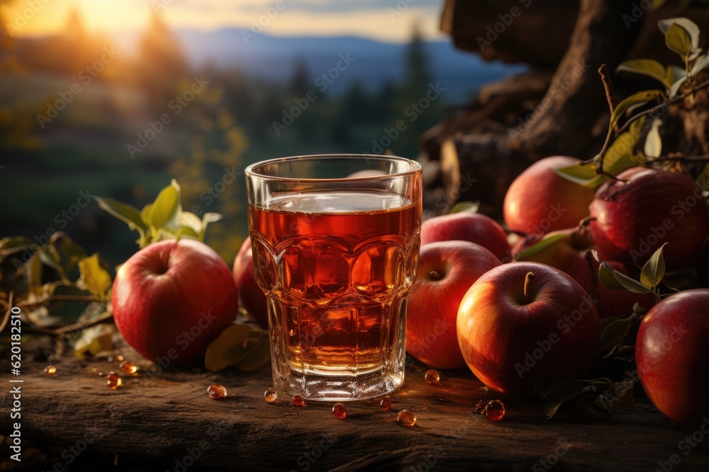 Apple juice in a glass and fresh apples on a wooden table in the garden. Generative AI Apple juice in a glass and fresh apples on a wooden table in the garden. Generative AI