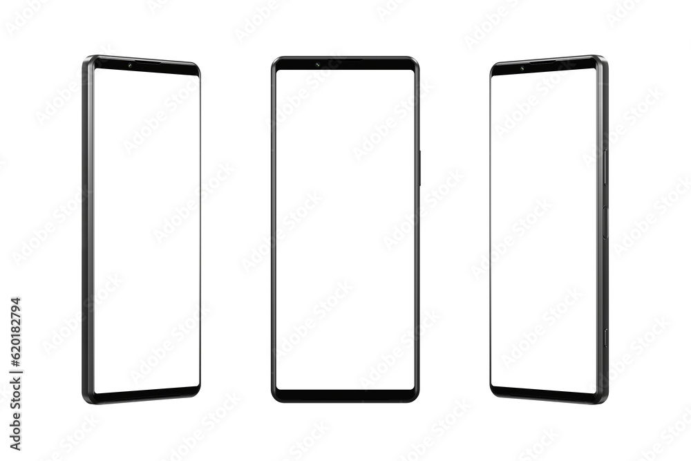 Large black smartphone three positions. Transparent background and display. Clean white background for effective marketing of digital offerings Large black smartphone three positions. Transparent background and display. Clean white background for effective marketing of digital offerings
