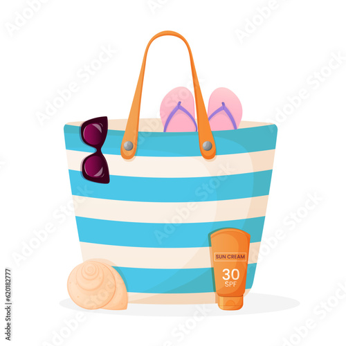 Summer beach bag with accessories. Summer vacation elements.