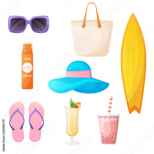 Set of summer accessories isolated on white.