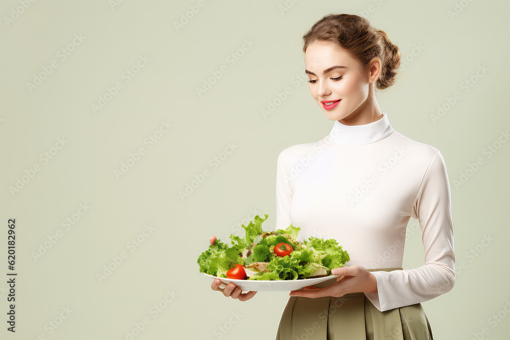 Happy young woman with Large plate of fresh healthy vegetable salad in hands isolated on pastel green flat background with copy space. Healthy food banner template. Generative AI photo. Happy young woman with Large plate of fresh healthy vegetable salad in hands isolated on pastel green flat background with copy space. Healthy food banner template. Generative AI photo.