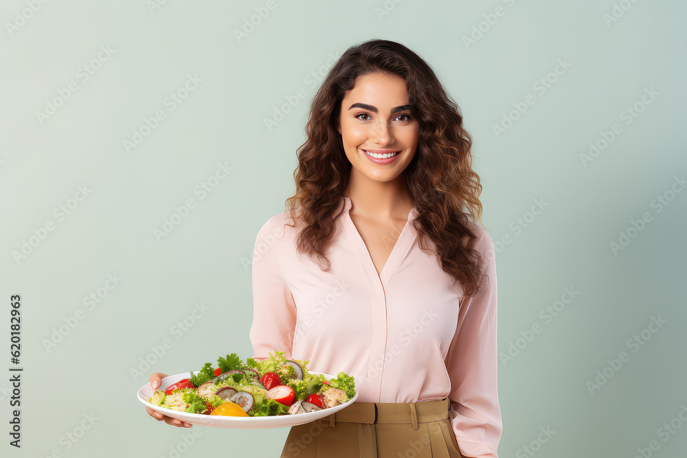 Happy young woman with Large plate of fresh healthy vegetable salad in hands isolated on pastel green flat background with copy space. Healthy food banner template. Generative AI photo.